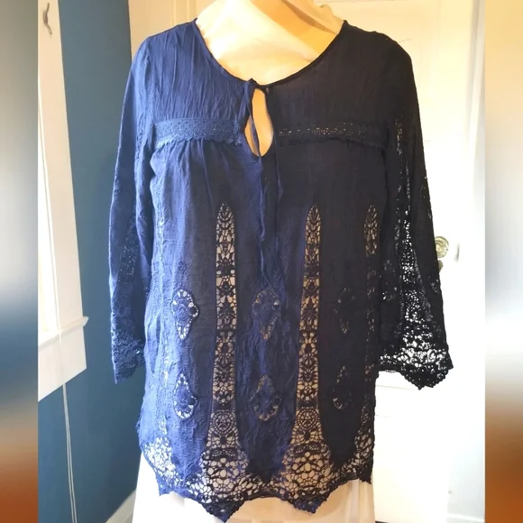 Nanette Lepore Swim Navy Blue Cotton Lace Women's Top Size L - Picture 1 of 7